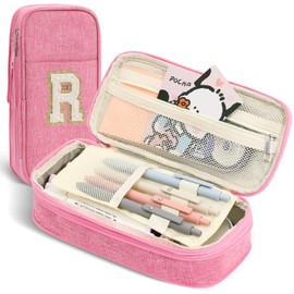 GIFTOXO Preppy Pencil Case for School Supplies, Large Initial Pencil Pouch with Zipper, Cute Pencil Bag for Office Supplies, Aesthetic Birthday Gift for Kids Teen Girls Women - R(Pink)