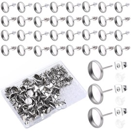 SOFPLATE 1 Box 100Pcs 10Mm Stud Earring Blanks Cabochon Stud Earring Blanks hypoallergenic Stainless Steel Flat Round Earring Studs with Ear Nut Silver Ear Posts for Jewellery Making Supplies DIY