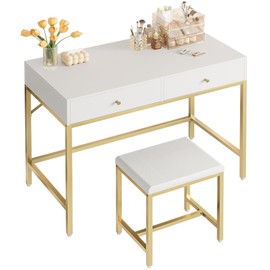 SUPERJARE 31.5" White and Gold Desk with 2 Drawers, Modern Makeup Vanity with Padded Stool, Small Computer Desk Home Office Desk for Writing Study Bedroom