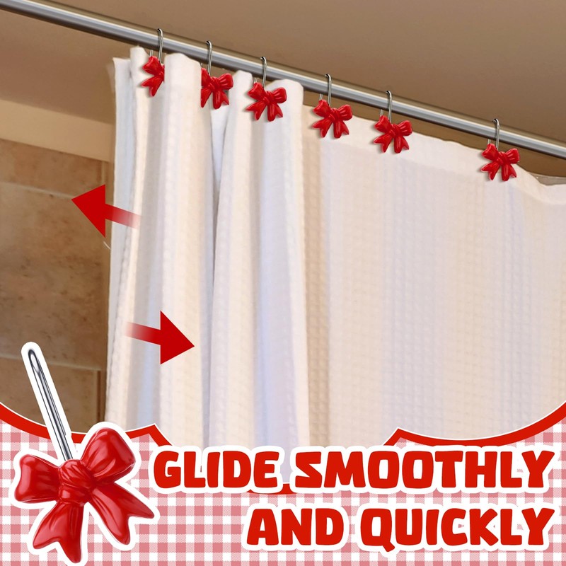 Yaocom 12 Pcs Red Bow Knot Shower Curtain Hooks Rustproof
