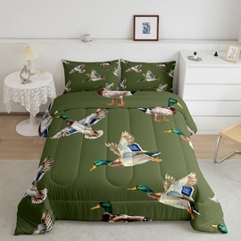 jejeloiu Cute Mallard Duck Comforter Set Queen Size Kids Wild Duck Hunting Comforter for Boys Teens Hunting and Fishing 3D Wild Animal Bedding Set Green Duvet Set Room Decor Quilt Set