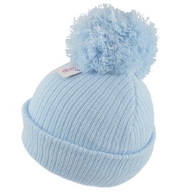 Faith & Sarah Kids Baby Pom Pom Hat Boy Girl - Fleece Lined Beanie Cap- Knitted Baby Bobble Hats Blue 3-6 Months