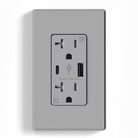 ELEGRP USB Charger Wall Outlet, USB Receptacle with USB A & USB C Ports, 20 Amp Duplex Tamper Resistant Receptacle Plug NEMA 5-20R, Wall Plate Included, UL Listed, 1 Pack, Matte Grey
