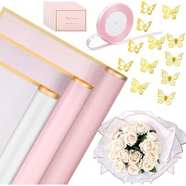 Puqiten 30 Sheets Waterproof Flower Wrapping Paper, Bouquet Wrapping Paper Sheets, with 100 Pcs Diamond Bouquet Pins and 36 Pcs 3D Gold Butterflies for DIY Craft Flower Wrapping Gift Packaging . (White,Pink)