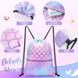 Mermaid Drawstring Backpack - Drawstring Bags for Girls Kids Swim Bag for Beach Swim Swimming Pool School Draw String Bags with Zippered Pocket Waterproof Sports Gym Bag