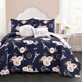 Lush Decor Navy Vintage Paris Rose Butterfly 4-Piece Quilt Bed Set, Reversible Bedding (Twin XL)