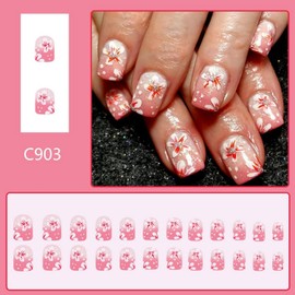 Gradient French Tip Press on Nails Square Short Fake Nails White Flower Designs Handmade False Nails Spring Floral Acrylic Nails Glossy Stick on Nails for Women DIY Manicure 24 Pcs