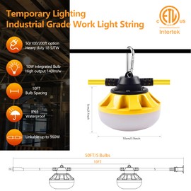 Alitamei 100FT LED Construction String Lights, 100W Bright Work Lights with 10 E26 Medium Base Sockets, Indoor/Outdoor Decor, Warm White