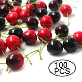 lyfLux 100 pcs Cherry Fruit, 4 Colors Fake Cherries, Fake Fruit, Fruit Decor, Used for Furniture Decoration, Ornaments, Photo Props and Window Display