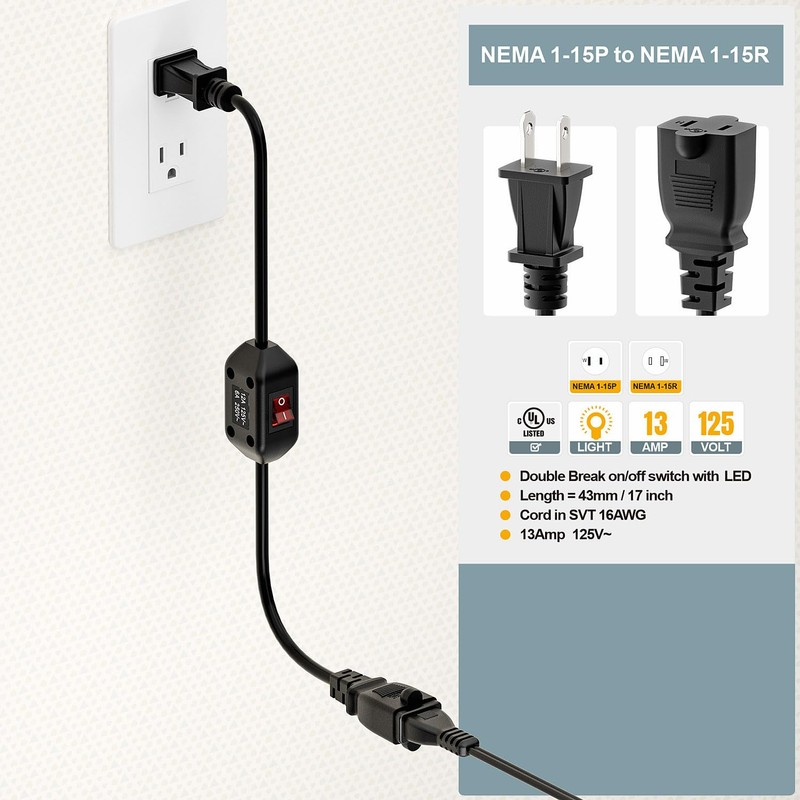 Double Break On Off Switch Extension Cord, 2-Prong/2 Outlet Polarized