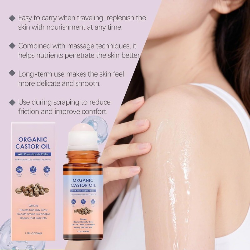 Organic Castor Oil with Rose Quartz Roller, Deep Hydration Skin