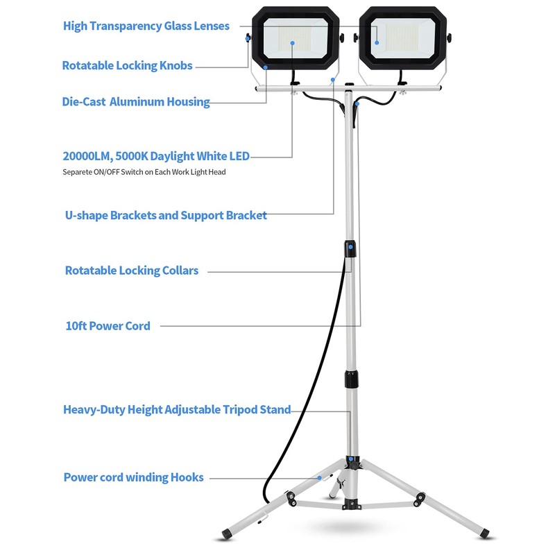 UFOND 20000 Lumen Work Lights with Stand, 200W Dual Head