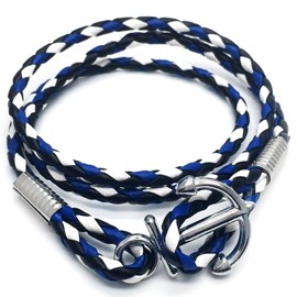 COOLSTEELANDBEYOND Mens Three-Lap Marine Anchor Wrap Bracelet Wristband with Blue White Nautical Sailor Leather Straps