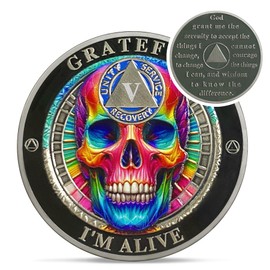 Rainbow Skull 5 Year Sobriety Coin - Grateful I'm Alive AA Coins - Recovery Addiction NA AA Chips and Medallions - 1-10 Years Living Clean Narcotics Alcoholics Anonymous Gifts for Men Women