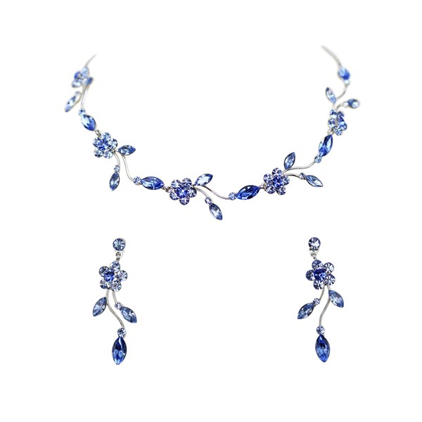 Faship Gorgeous Blue Rhinestone Crystal Floral Necklace Earrings Set -