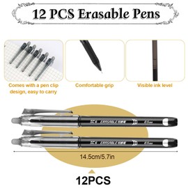 Neerow 12PCS Erasable Pens Black, 0.5mm Rub Out Pens with Rubbers on the End, Friction Erasable Gel Pens for Kids Adults Writing Stationary Home School Office Supplies