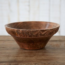 Paper High Hand Carved Leaf Design Mango Wood Fruit Bowl | Fair Trade | Handmade | Sustainable Wooden Bowls