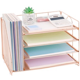 OPNCIE Desk Organizers and Accessories, 4 Tier Paper Letter Tray File Organizer, Office Organization Storage Desk Accessories Workspace Desktop Organizer for Classroom Office Supplies Decor, Rose Gold