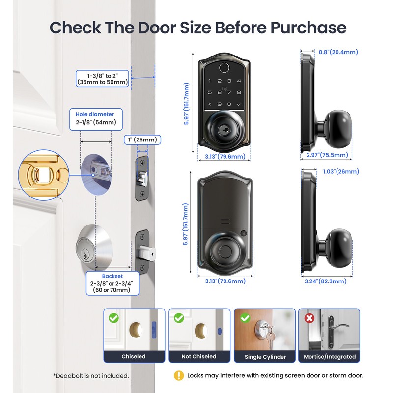 Veise VE018 Smart Knob Handle Lock - Fingerprint, App Control,
