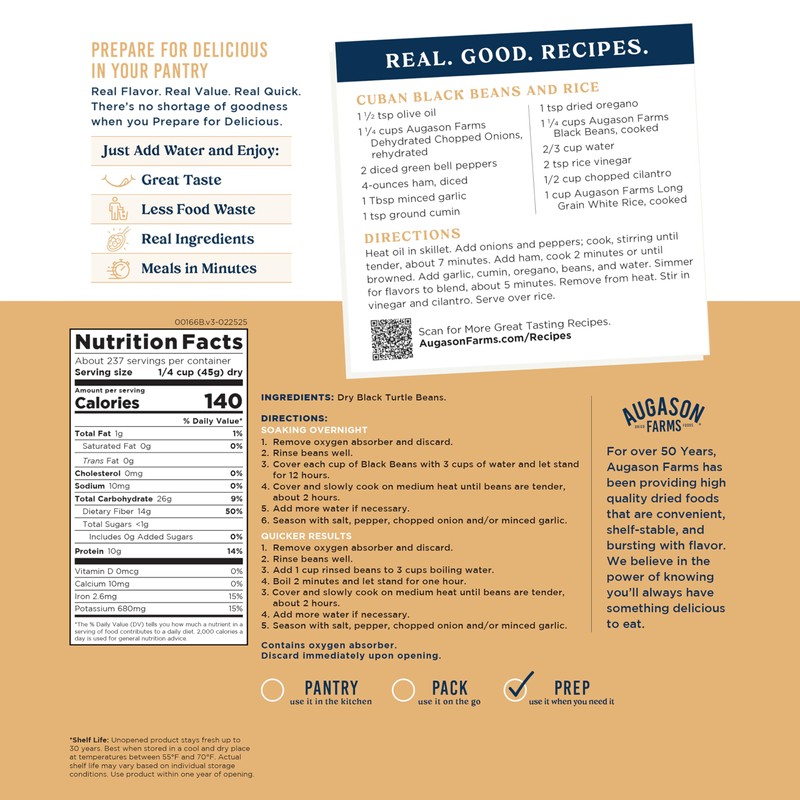 Augason Farms Dried Black Beans 4-Gallon Pail, Bulk Food Storage,