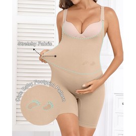 Y25D Women's Maternity Bodysuit Seamless Pregnancy Shapewear Shorts Under Dresses Belly Support Nude