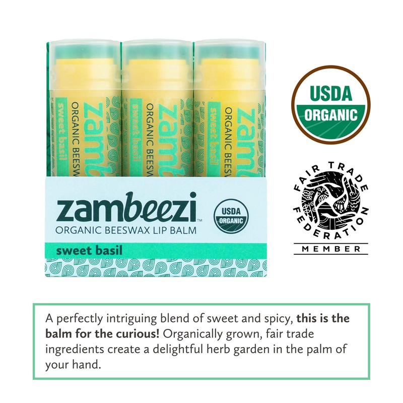 ZAMBEEZI Organic, Fair Trade Beeswax Lip Balm - Sweet Basil