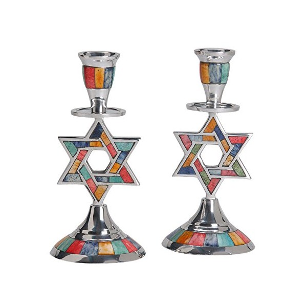 Aluminum Shabbat Star of David Candlesticks with Multicolored Decorative Inlay/Set of 2