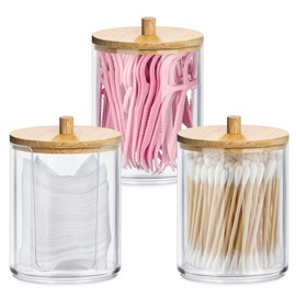 Gigmeta Pack of 3 Acrylic Cotton Buds Containers, Cotton Pads Storage with Bamboo Lids, Cotton Bud Holder, Cotton Bud Container, Cotton Pad Dispenser for Living Room, Bedroom, Bathroom