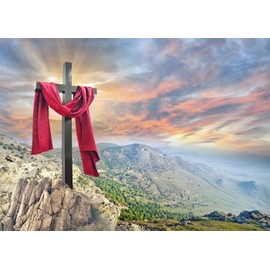 BELECO 9x6ft Fabric Resurrection of Jesus Cross Easter Backdrop Holy Light Mountain Background Bible Pray Christian Church Event Party Decorations Easter Crucifixion Religious Belief Background