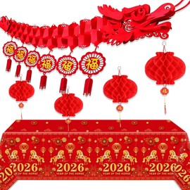 Chinese New Year Decorations Dragon, Lunar New Year Decorations Includes Spring Festival Dragon Garland with Paper Lanterns Hanging, and Chinese New Years Tablecloth for Year of the Horse Party
