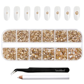 Beadsland Diamantes de imitación para maquillaje, 8 tamaños, 2500 unidades de diamantes de imitación dorados con parte trasera plana, gemas de ojos pa