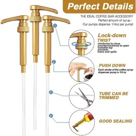 Tvoip Coffee Syrup Pump Dispenser - 6Pcs Bottle Pump Dispenser Coffee Creamer Pump Sugar Dispenser for Coffee Bar - Glass Pump Bottle for Coffee Syrup - Gold Pump Bottle Dispenser for Coffee Bottle