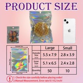 elook 60 PCS Smell Proof Bag, Resealable Foil Bags, Holographic Mylar Zip Lock Bags for Food, Jewelry, Electronics - 14 x 20cm + 7 x 10cm