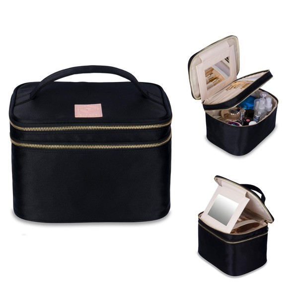 Eudora Bolsa de maquillaje de doble capa con espejo, bolsa organizadora de maquillaje para mujeres, bolsa de cosméticos de viaje, Negro -
