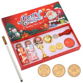 1 Pack Christmas Wax Seal Stamp Kit with Gift Box, Wax Seal Beads, 3 Wax Seal Stamp, Metallic Pen, Wax Seal Kit for Gift Wrapping, Envelope Sealing, Party Invitation (Red, Gingerbread Man)
