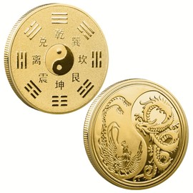 Chinese Lucky Coin Traditional Culture Dragon and Phoenix Commemorative Coin Novelty Metal Coin Good Luck Charm Tai Chi and Bagua Challenge Coin.