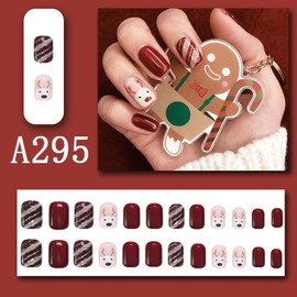 Christmas False Nails with Glue, Christmas Fake Nails Press on Nails, Red Burgundy Glitter Reindeer Stripes, French Stick on Nails for Women and Girls Nail Art Decoration Accessories