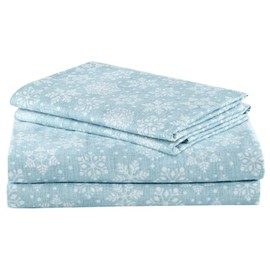 Comfort Spaces Cotton Flannel Breathable Warm Deep Pocket Sheets with Pillow Case Bedding, Full, Blue Snowflakes 4 Piece