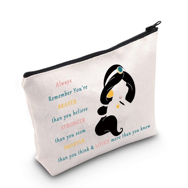 LEVLO Jasmine Princess Cosmetic Bag Jasmine Fans Gift You Are Braver Stronger Smarter Than You Think Jasmine Zip Bag for Women Girls, jasmine bag