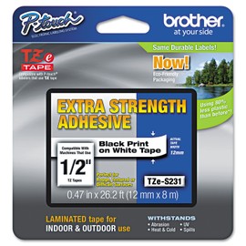 Brother TZES231 TZe Extra-Strength Adhesive Laminated Labeling Tape, 1/2-Inch w, Black on White