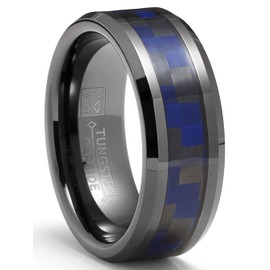 Metal Masters Co. Mens Gunmetal Tungsten Carbide Ring Black Blue Carbon Fiber Inlay Wedding Band 8MM