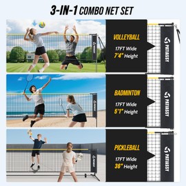 Patiassy Volleyball Badminton Pickleball 3-in-1 Combo Net Set, 5.1-7.4ft Adjustable Height Sports Nets for Backyards, Portable 17ft Outdoor Net with Carry Bag, Rackets and Balls