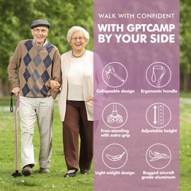 GPTCAMP G1 Walking Cane for Women & Men, Lightweight & Sturdy Offset Walking Stick, Large Quad Base Walking Cane with Autonomous Standing for Seniors and People with Leg Injuries