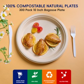 JOLLY CHEF 100% Compostable Heavy Duty Plates 10 Inch [300 Pack] Eco-Friendly Disposable Paper Plates Made of Bagasse Biodegradable Plates Bulk for Party Dinner Sugarcane Fibers Round Plates(Natural)