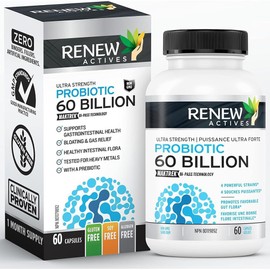 Renew Actives RENEW ACTIVES Probiotic Supplement for Digestive Health 60 Billion CFU per 2 Capsules - Advanced Formula with Prebiotic Benefits - Supports Gut Flora Balance & Wellness - Made in Canada - 60 Capsules