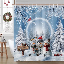 Avezano Winter Christmas Snowman Shower Curtain Winter Snowman Xmas Tree Snowflake Holiday Bathroom Shower Curtain Waterproof Bathtub Curtain Decor with 12 Hooks 72 X 72 Inches