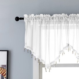 Beaded Triangle Sheer Valance Curtains for Living Room,Rod Pocket Farmhouse Window Valance, Bead Trim Tassel Voile Sheer Curtain Valance for Bedroom Bathroom Cafe 51x24 Inches (Ivory) 1PC