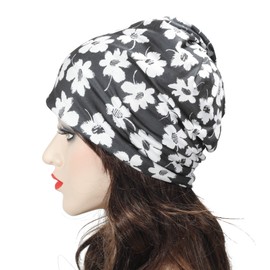 ZLYC Women's Summer Slouch Beanie Lightweight Soft Jersey Hat Flowers Turban Hat, daisy black