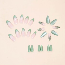 RUOKEXIN Almond Press on Nails Medium Fake Nails Green Cat Eye Nail Press ons Green French Tip Acrylic False Nails with Flower Designs Glitter Artificial Nails Cute Butterfly Stick on Nails for Women