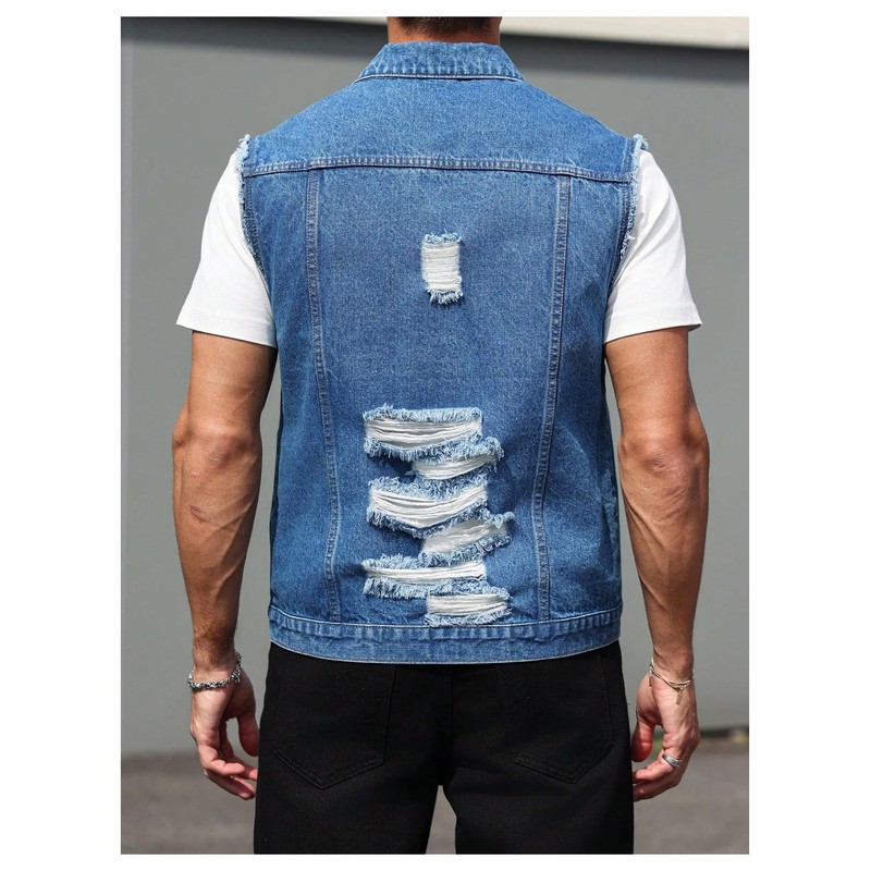 Floerns Men's Distressed Ripped Jean Vest Sleeveless Button Front Denim
